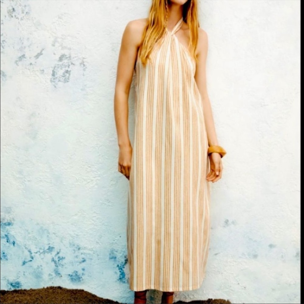 ZARA NWT STRIPED COTTON HALTER NECK MIDI DRESS
